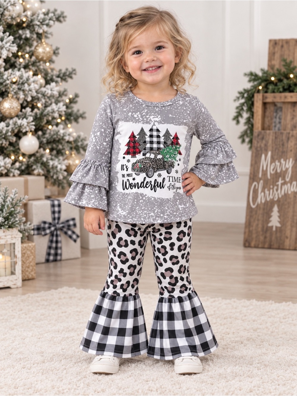 Girls Boutique Country HOLIDAY CHRISTMAS Graphic Top & Bell Bottom Pants Set